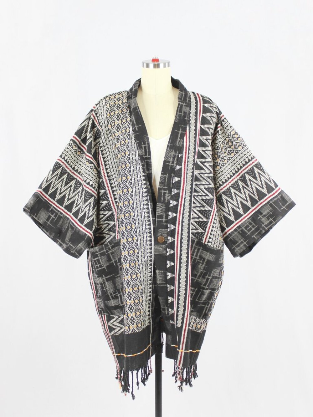 Thai Geometric Cotton Jacquard Woven Tapestry Kimono Robe, One Size